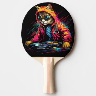 Cat Neon DJ with Headphones Ping Pong Paddle