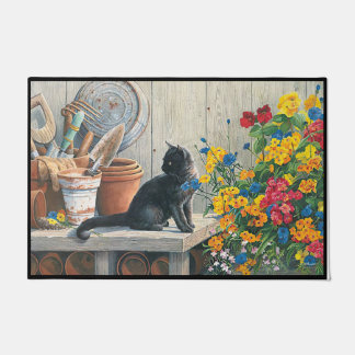 Cat Next To Booming Flowers | Cute Black Cat Doormat