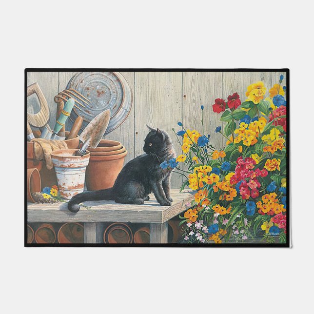 Cat Next To Booming Flowers | Cute Black Cat  Doormat (Front)