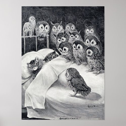 Cat Nightmare Owl Bird Louis Wain Poster