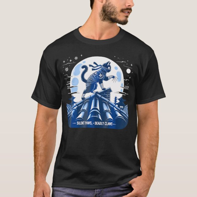 Cat Ninja Japanese Samurai Cat Kawaii Moon Anime T T-Shirt (Front)