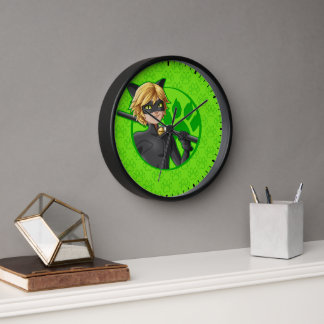 Cat Noir Green Badge Clock