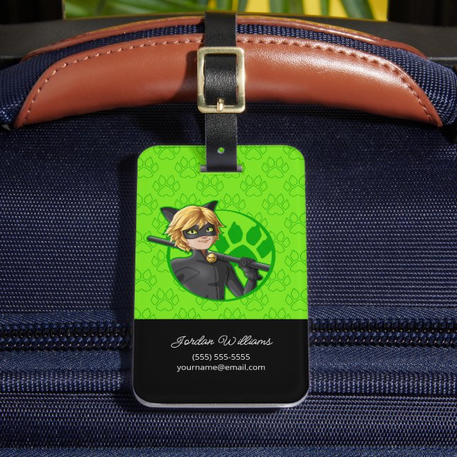 Cat Noir Green Badge Luggage Tag (Front Insitu 2)
