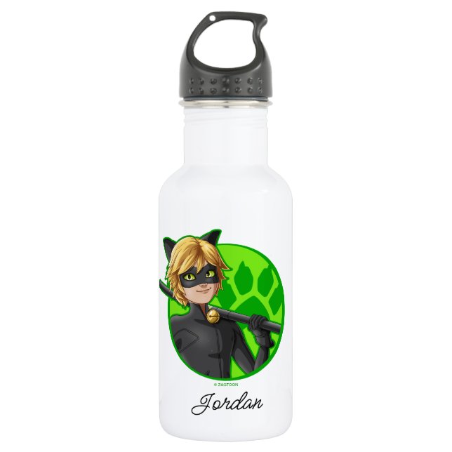 Cat Noir Green Badge Stainless Steel Water Bottle (Front)
