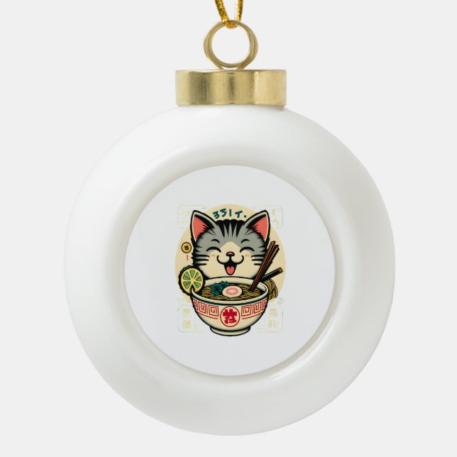 Cat Noodle Japanese Anime ga Kawaii Cat Ceramic Ball Christmas Ornament (Front)