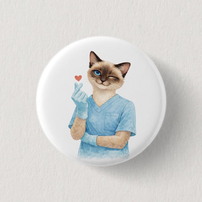 Cat Nurse with Mini Heart sending Love Button (Front)