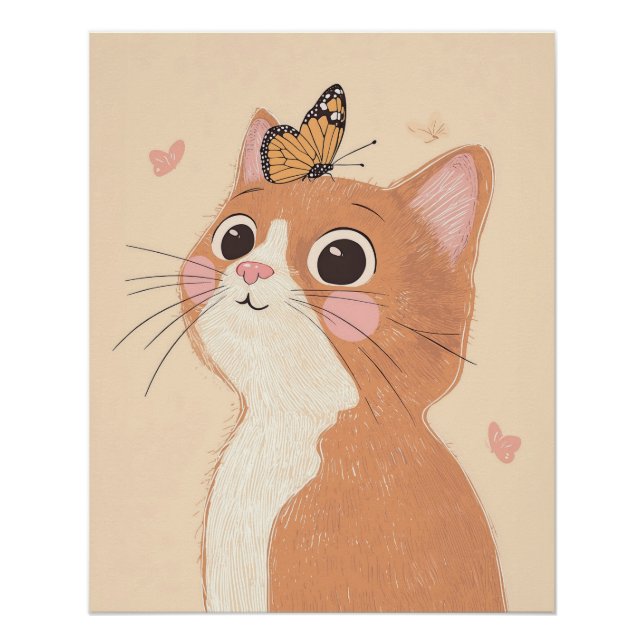 Cat Nursery Print, Butterfly Wall Art, Neutral Art Poster (Front)
