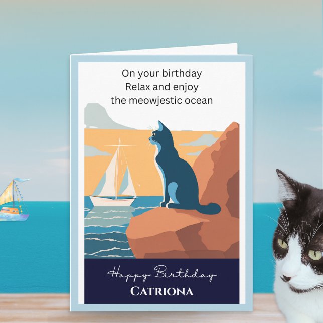 Cat Ocean View Retro Personalized Happy Birthday Card (A personalized birthday card with picture of a cat looking out to sea and funny caption)
