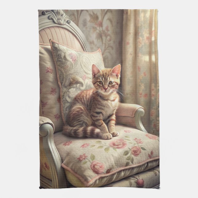 Cat on a chair (Shabby Chic) Kitchen Towel (Vertical)