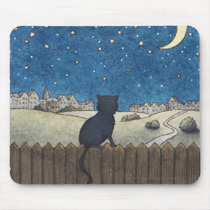 Cat on a fence looking at night sky above city mouse pads