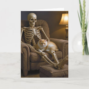 Cat On a Halloween Skeleton Card