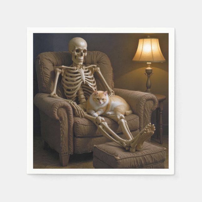 Cat On a Halloween Skeleton Napkins (Front)