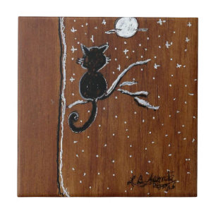 Cat on a Limb with the Moon Ceramic Tile