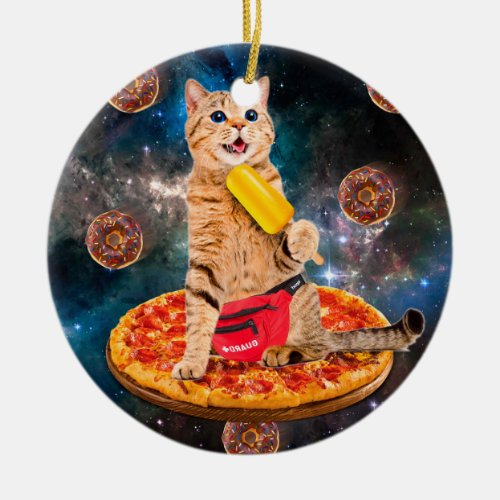 Cat on a pizza eating ice lolly ceramic ornament