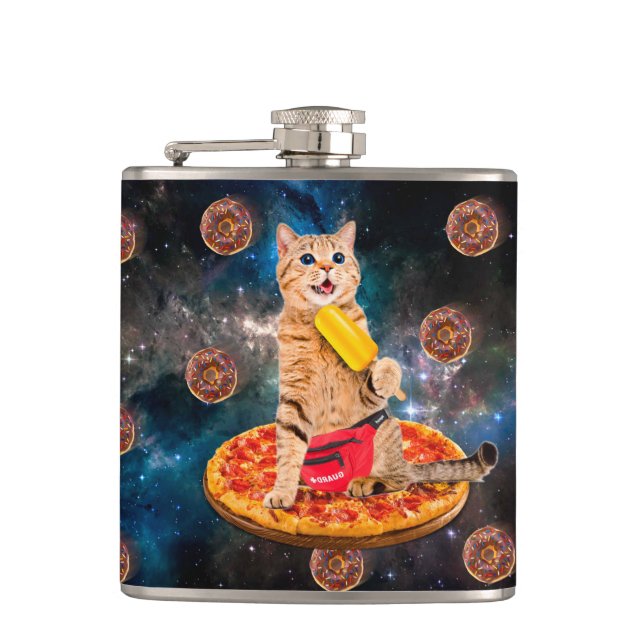 Cat on a pizza eating ice lolly flask (Front)