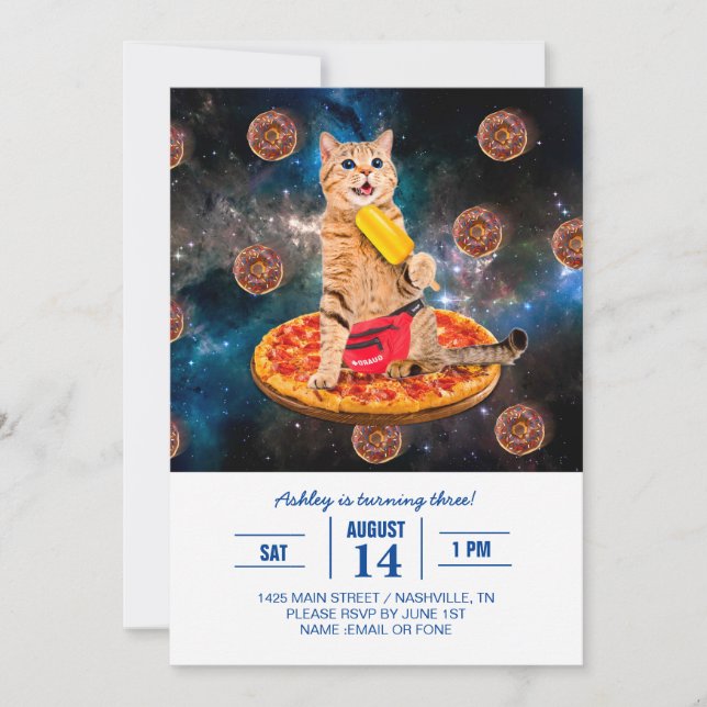 Cat on a pizza eating ice lolly invitation (Front)