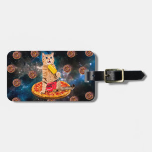 Cat on a pizza eating ice lolly luggage tag