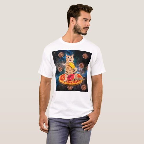 Cat on a pizza eating ice lolly T_Shirt