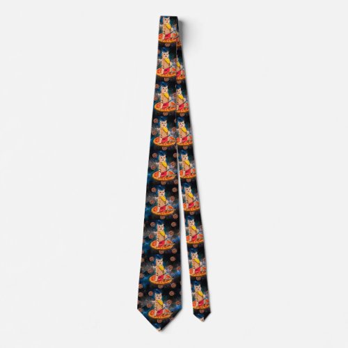 Cat on a pizza eating neck tie