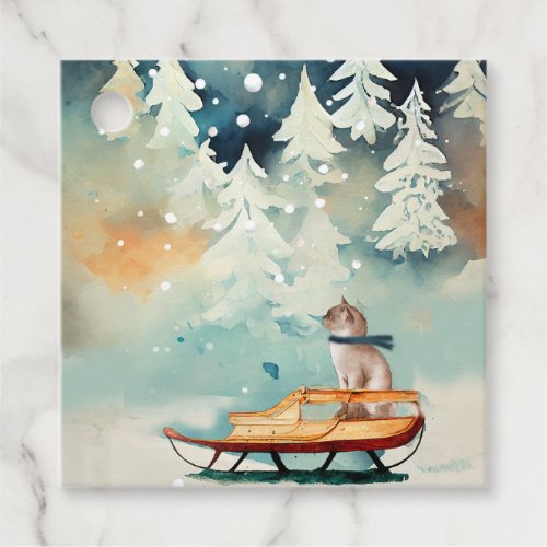 Cat on a Sled in a Winter Wonderland Gift Tag