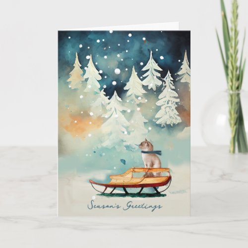 Cat on a Sled Snow Scene Christmas Card