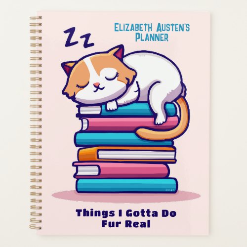 Cat on a Stack of Books Cute Custom Readers Name Planner