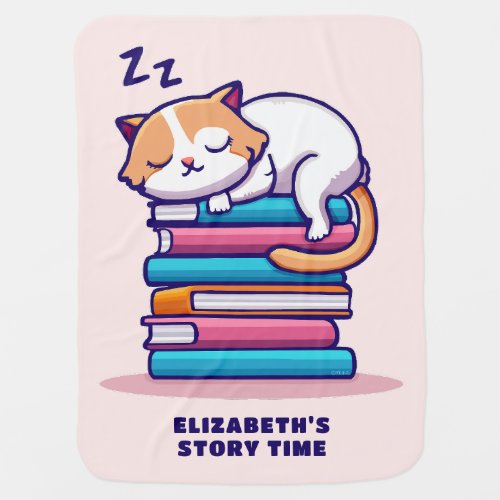Cat on a Stack of Books Cute Personalized Literary Baby Blanket
