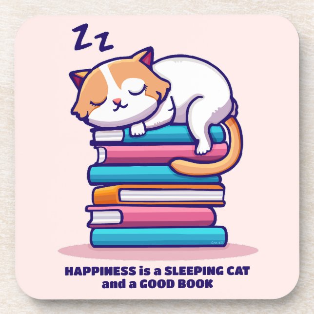 Cat on a Stack of Books Cute Personalized Literary Beverage Coaster (Front)