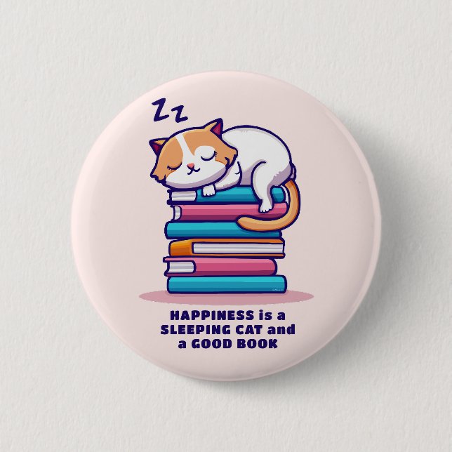 Cat on a Stack of Books Cute Personalized Literary Button (Front)
