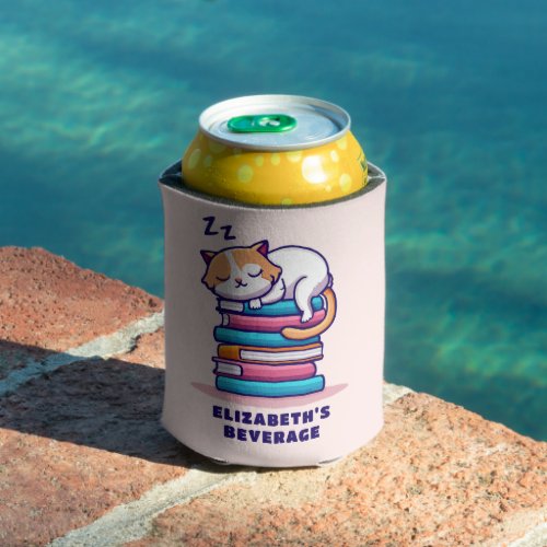 Cat on a Stack of Books Cute Personalized Literary Can Cooler
