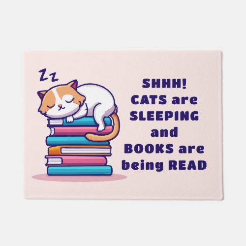 Cat on a Stack of Books Cute Personalized Literary Doormat