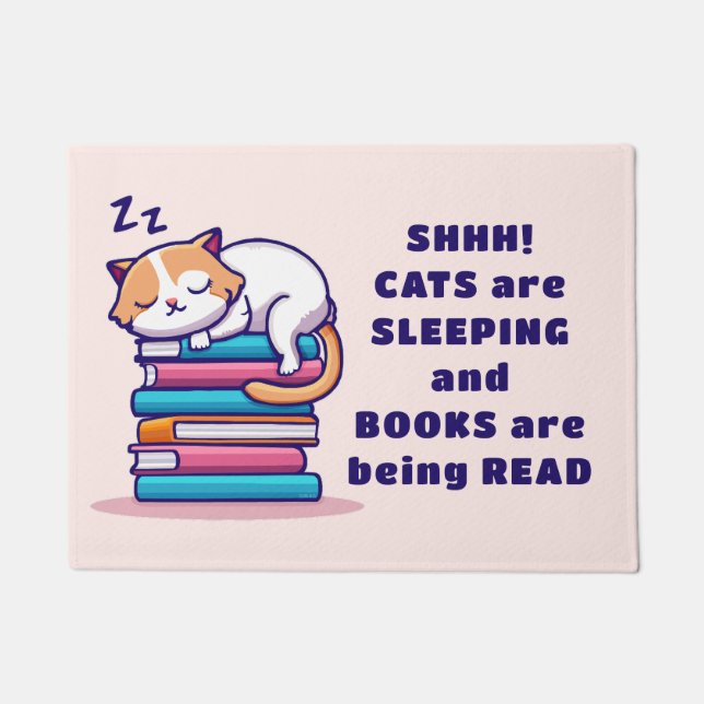 Cat on a Stack of Books Cute Personalized Literary Doormat (Front)