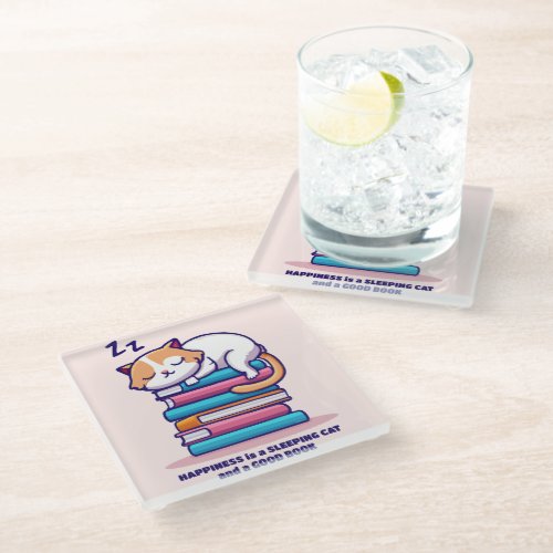 Cat on a Stack of Books Cute Personalized Literary Glass Coaster