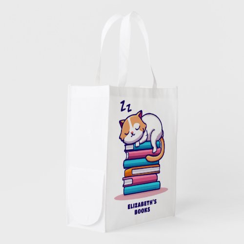 Cat on a Stack of Books Cute Personalized Literary Grocery Bag