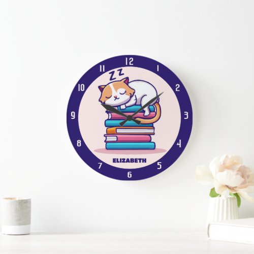 Cat on a Stack of Books Cute Personalized Literary Large Clock