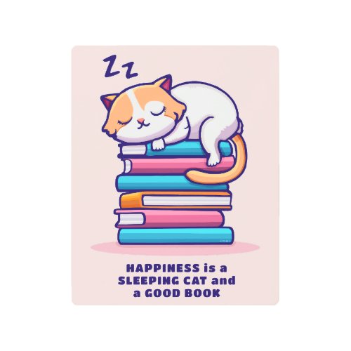 Cat on a Stack of Books Cute Personalized Literary Metal Print