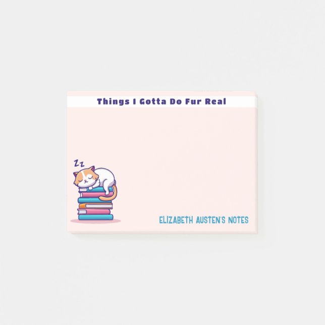 Cat on a Stack of Books Cute Personalized Literary Post-it Notes (Front)