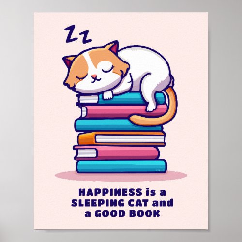 Cat on a Stack of Books Cute Personalized Literary Poster