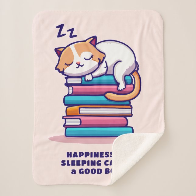 Cat on a Stack of Books Cute Personalized Literary Sherpa Blanket (Front)