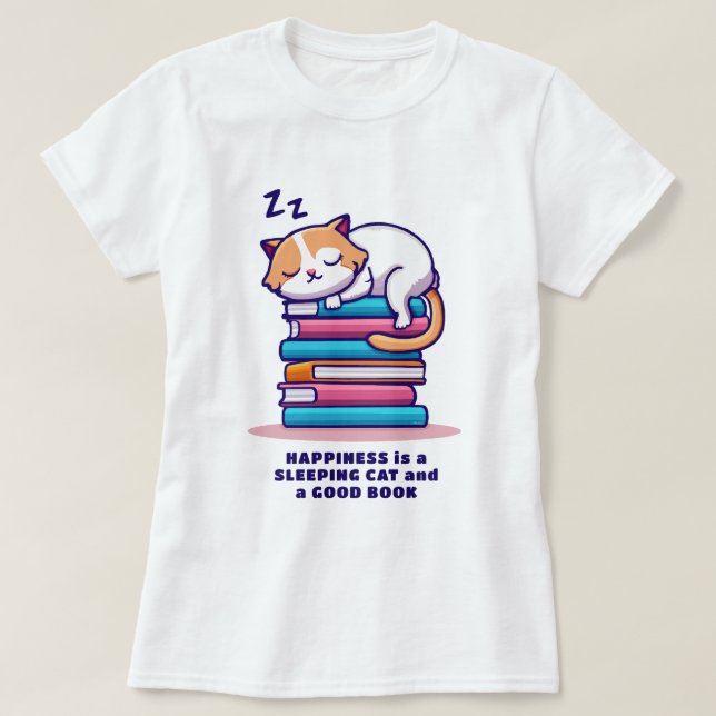 Cat on a Stack of Books Cute Personalized Literary T-Shirt (Design Front)
