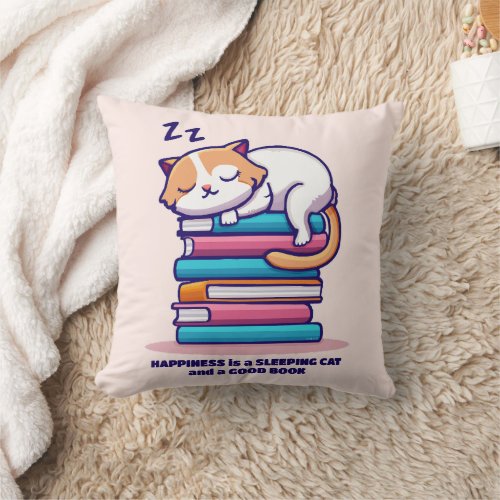 Cat on a Stack of Books Cute Personalized Literary Throw Pillow
