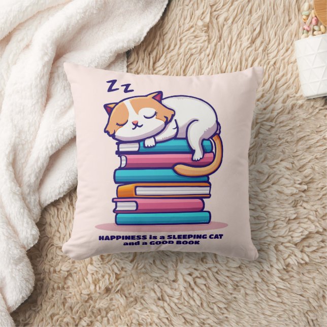 Cat on a Stack of Books Cute Personalized Literary Throw Pillow (Blanket)