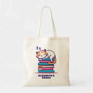 Cat on a Stack of Books Cute Personalized Literary Tote Bag