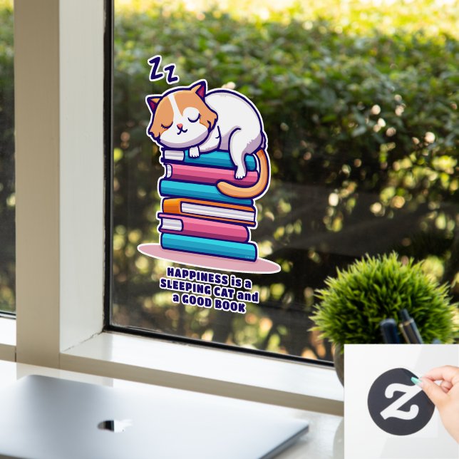 Cat on a Stack of Books Cute Personalized Literary Window Cling (Office)