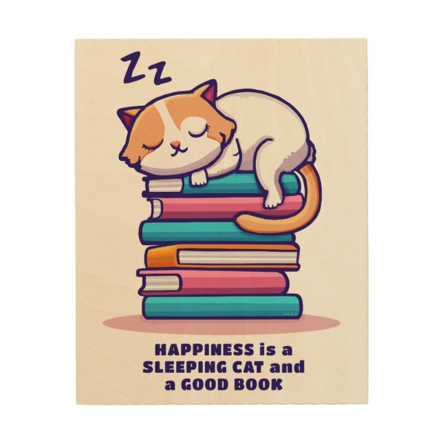 Cat on a Stack of Books Cute Personalized Literary Wood Wall Art (Front)