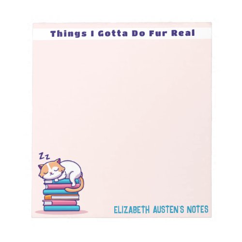 Cat on a Stack of Books Cute Personalized Readers Notepad