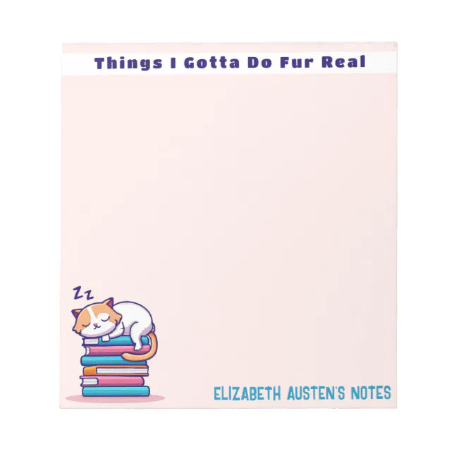 Cat on a Stack of Books Cute Personalized Readers Notepad | Zazzle