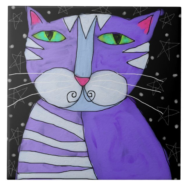 Cat on a Starlit Night Abstract Painting Ceramic Tile (Front)