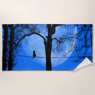 Cat on a Wire Blue Moon Beach Towel