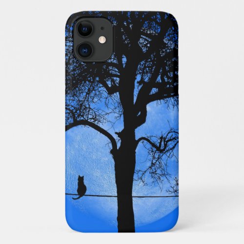 Cat on a Wire Blue Moon iPhone 11 Case